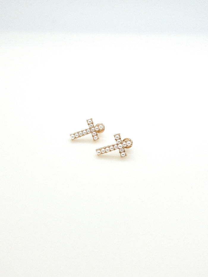 Gold with small pearl detail cross stud earrings