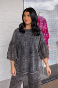 Women's mineral washed ash black knit top with animal print colorblock details by J Her