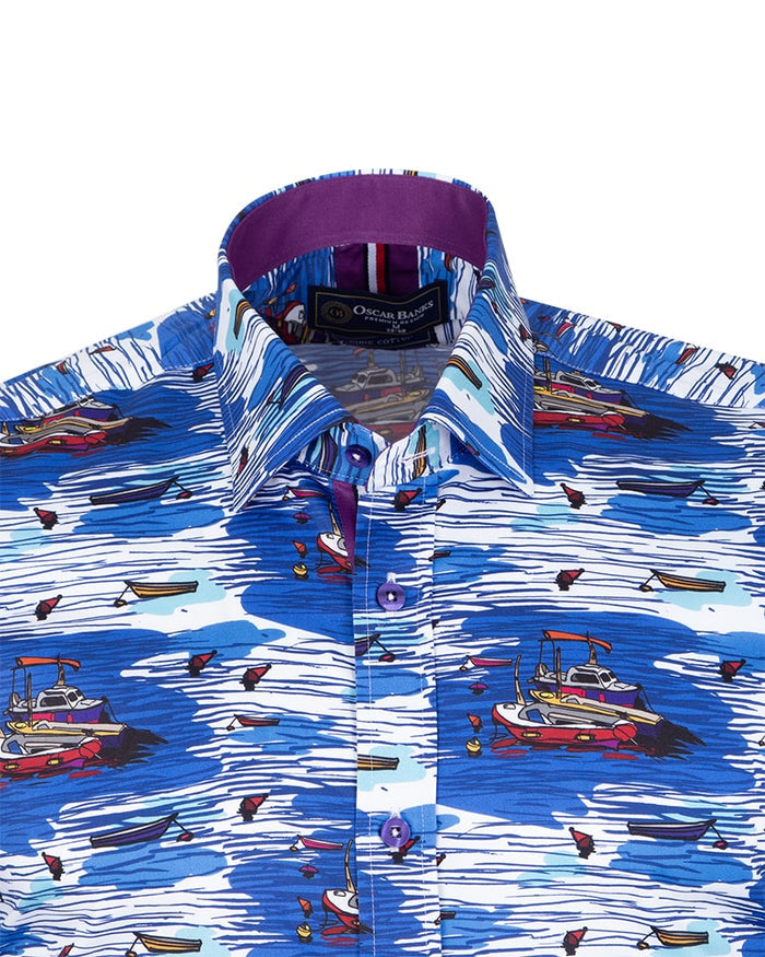 Sailing Boat Print Shirt with Matching Handkerchief-Makrom