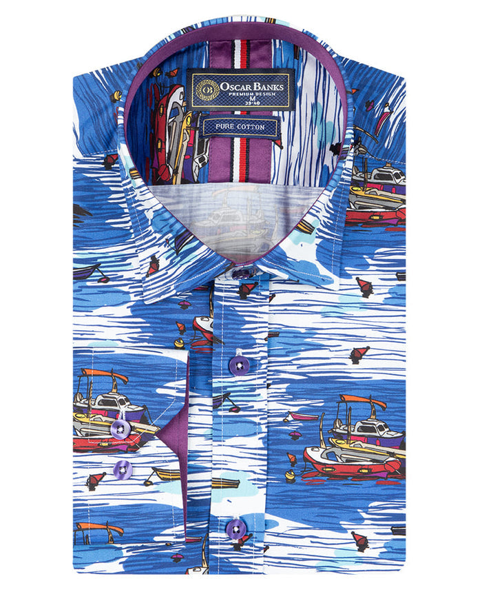 Sailing Boat Print Shirt with Matching Handkerchief-Makrom