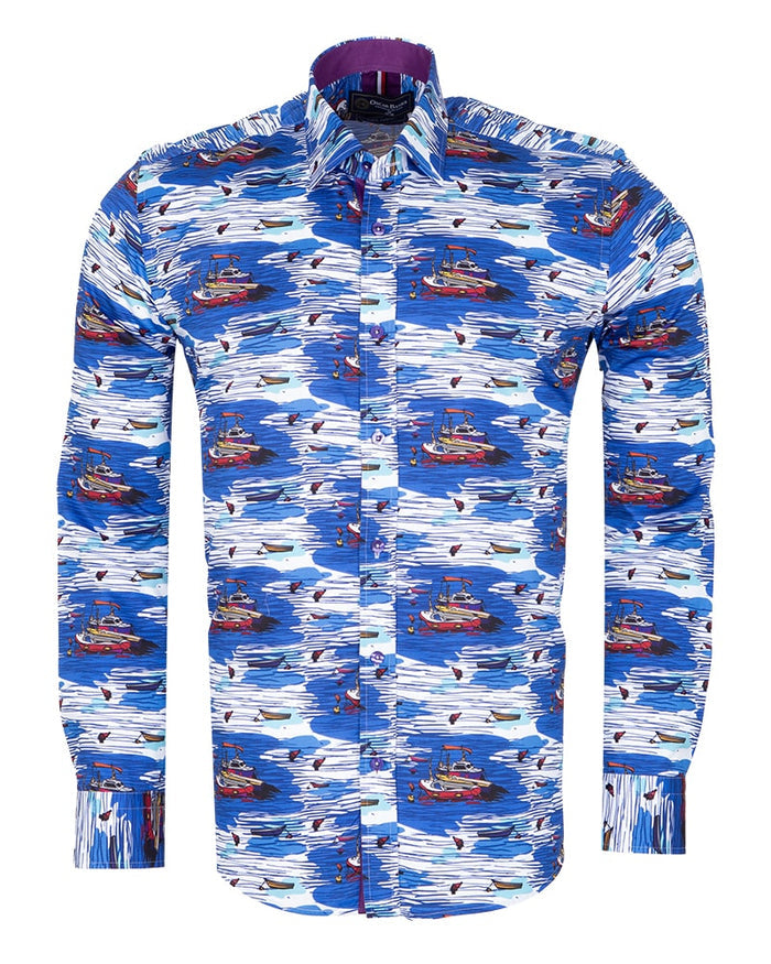 Sailing Boat Print Shirt with Matching Handkerchief-Makrom