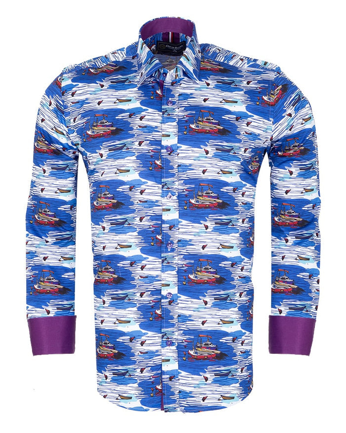 Sailing Boat Print Shirt with Matching Handkerchief-Makrom