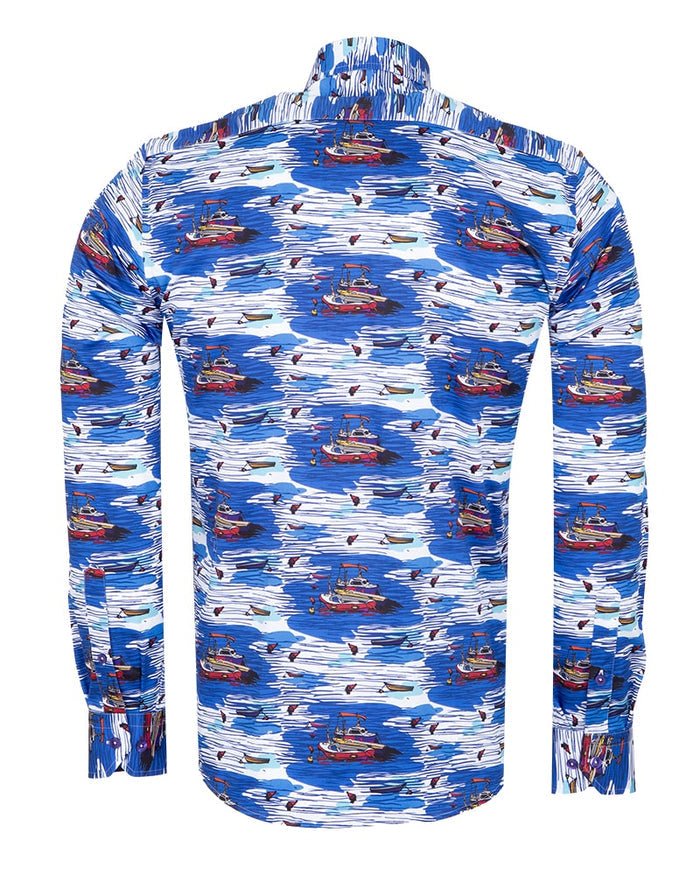 Sailing Boat Print Shirt with Matching Handkerchief-Makrom