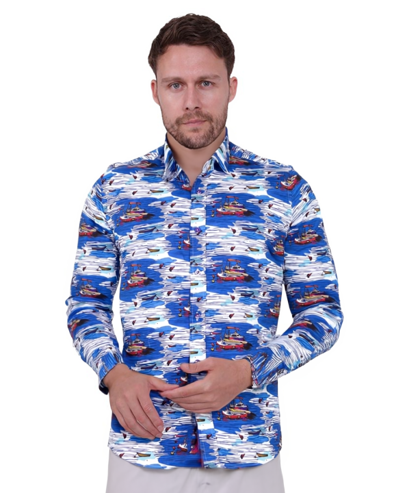 Sailing Boat Print Shirt with Matching Handkerchief-Makrom