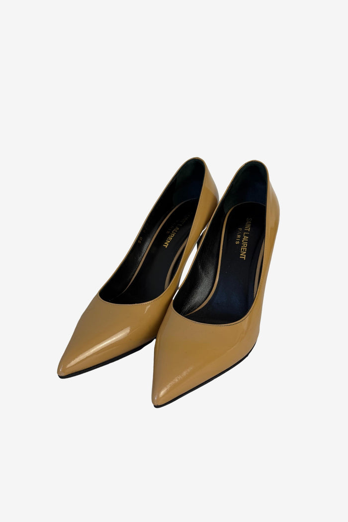 Saint Laurent Paris Pointed Toe Patent Leather Pumps Beige