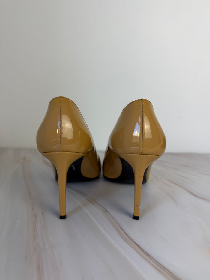 Saint Laurent Paris Pointed Toe Patent Leather Pumps Beige
