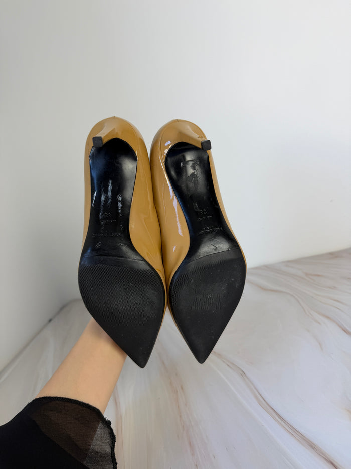 Saint Laurent Paris Pointed Toe Patent Leather Pumps Beige