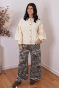 Women's washed hunter green terry knit wide leg cargo pants in tree camo print by J. Her