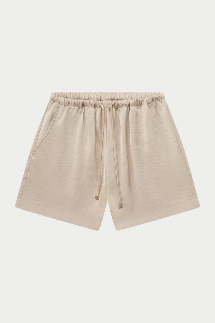 SATIN EMBLEM SHORTS - BEIGE