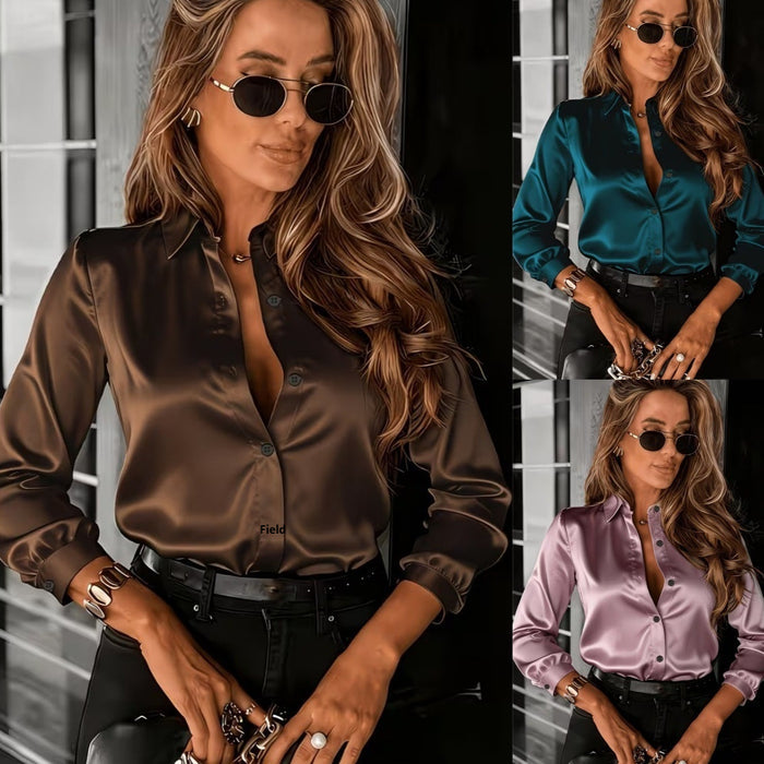 Woman wearing a satin shirt in various colors with sunglasses.