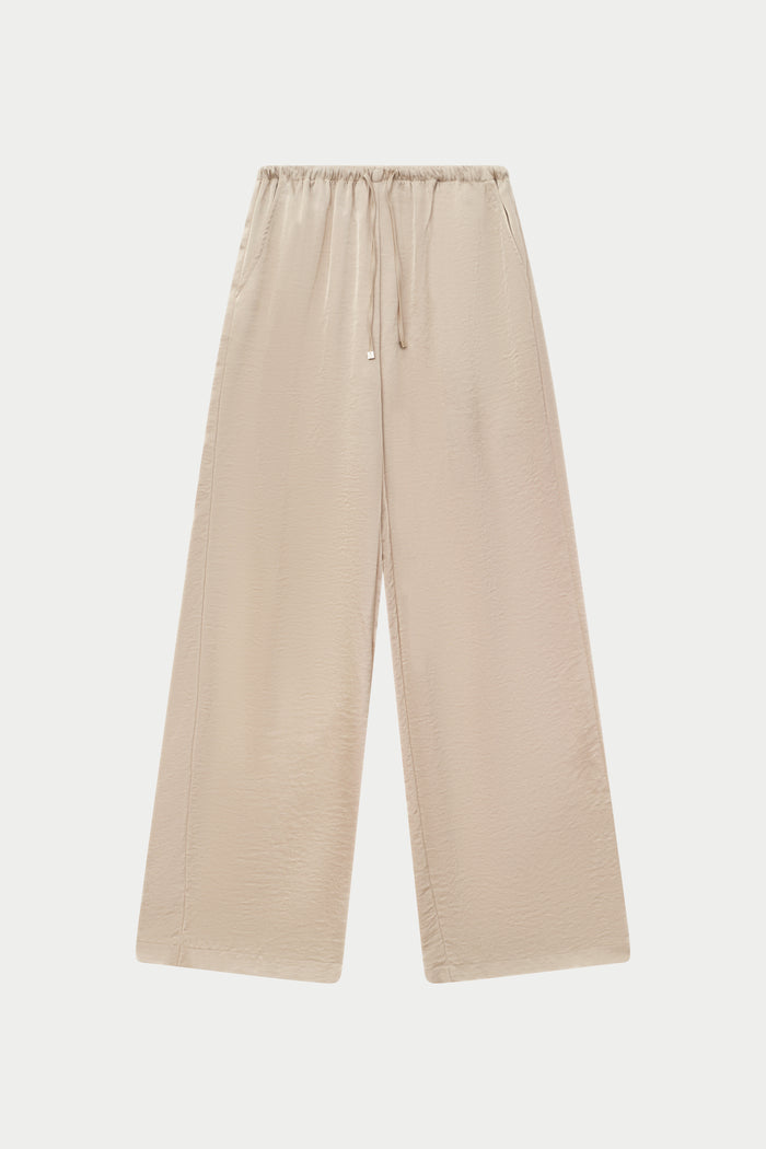 SATIN WIDE LEG EMBLEM TROUSERS - BEIGE
