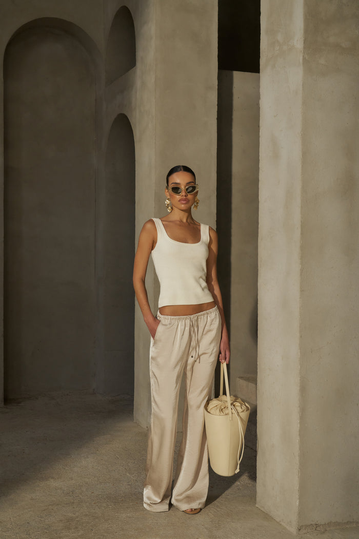 SATIN WIDE LEG EMBLEM TROUSERS - BEIGE