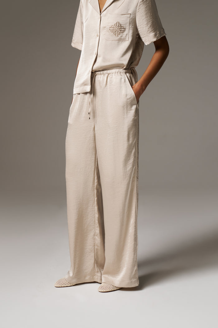SATIN WIDE LEG EMBLEM TROUSERS - BEIGE