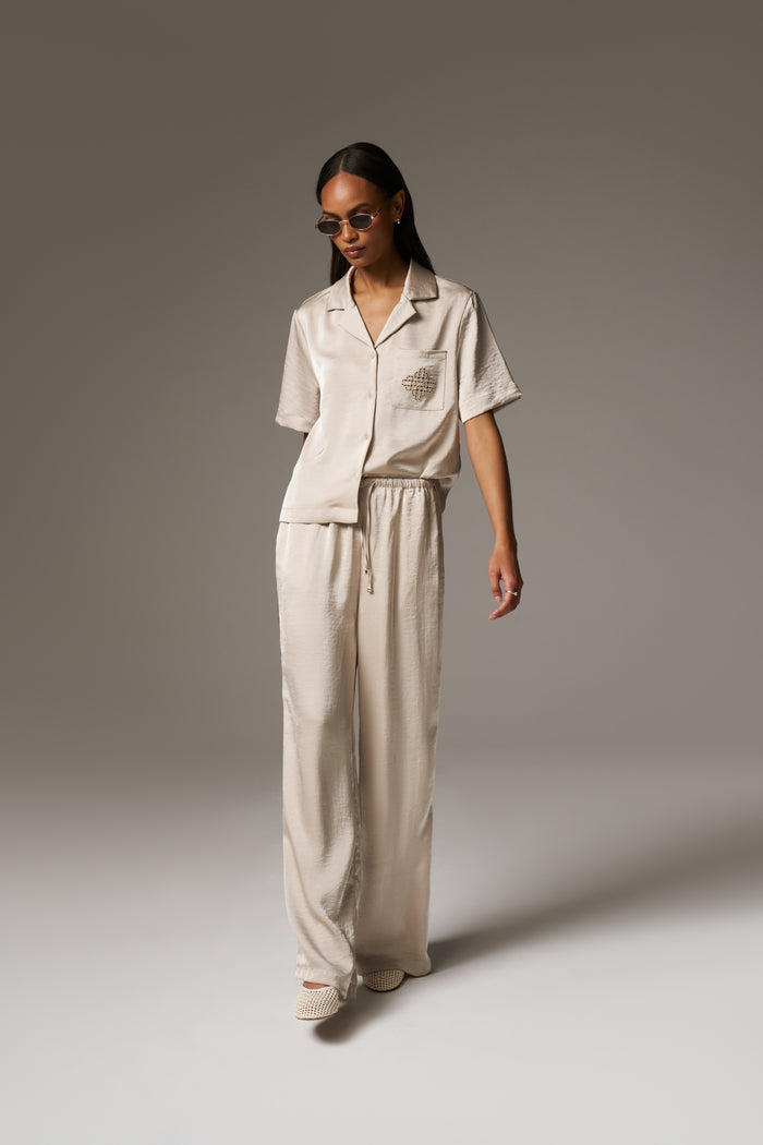 SATIN WIDE LEG EMBLEM TROUSERS - BEIGE