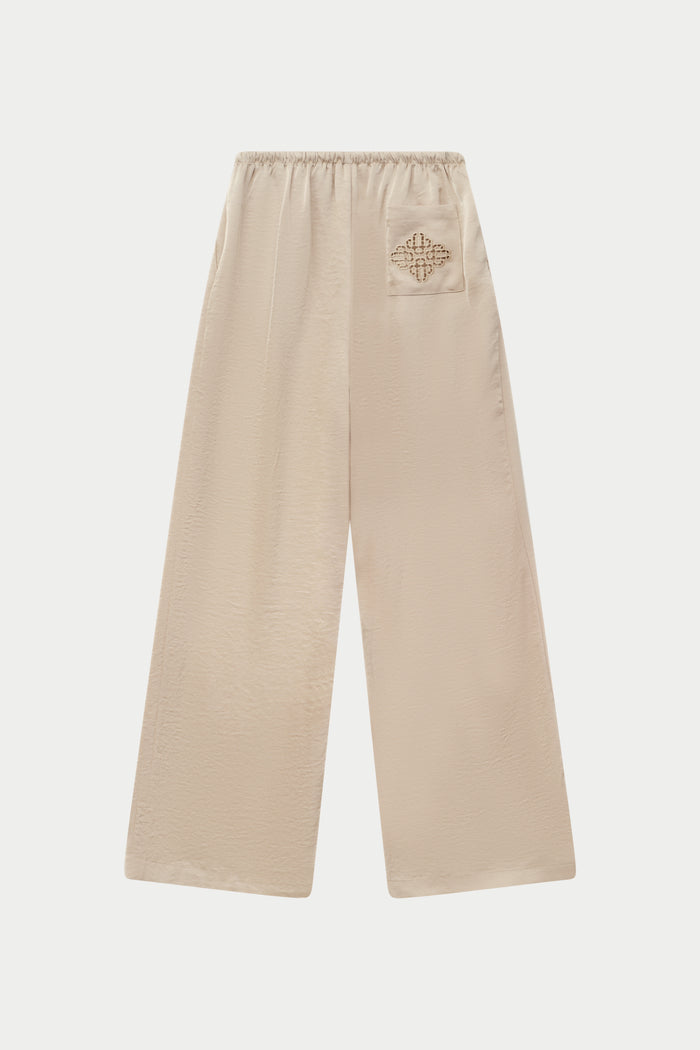 SATIN WIDE LEG EMBLEM TROUSERS - BEIGE