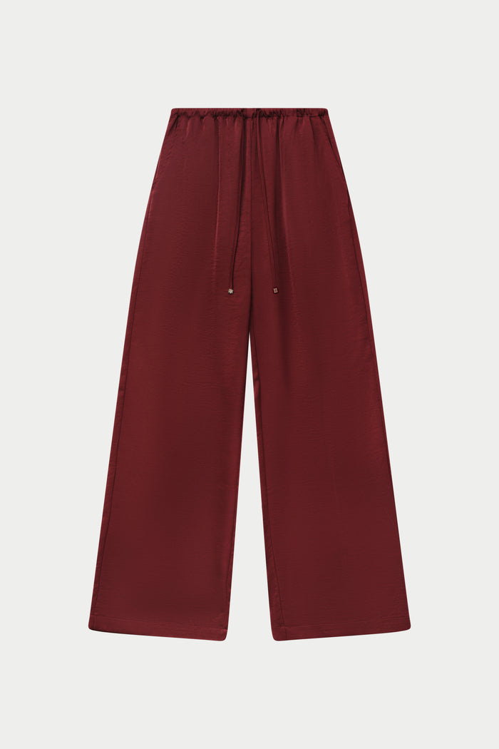 SATIN WIDE LEG EMBLEM TROUSERS - BURGUNDY