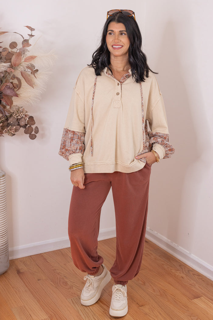 Women's washed terra-cotta terry knit wide leg jogger pants by Blu Pepper, perfect for running errands