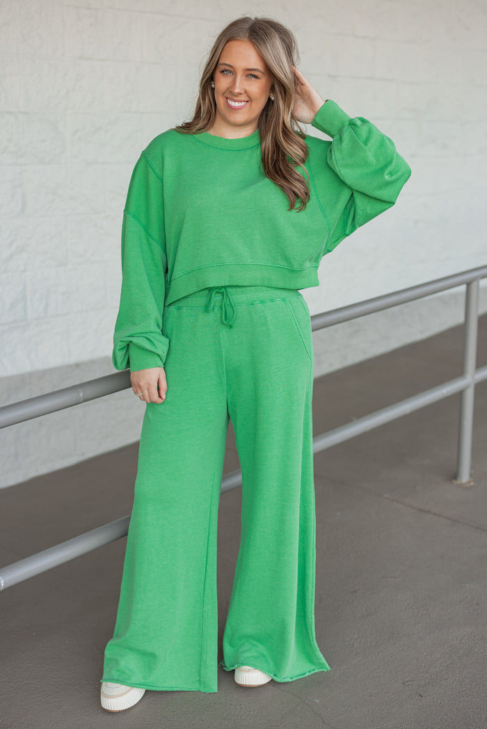 green terry knit cropped pullover with matching pants