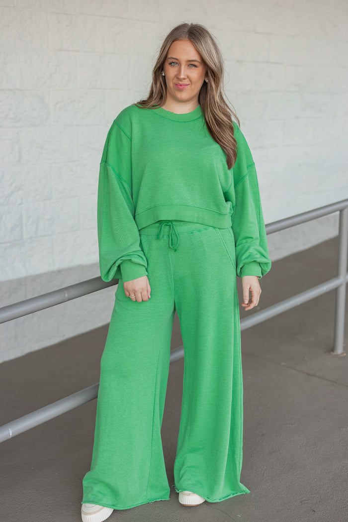 green terry knit cropped lounge pullover