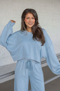 light blue terry knit cropped sweatshirt
