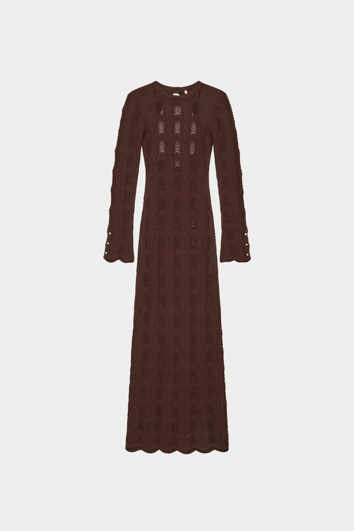SCALLOP EDGE KNITTED MAXI DRESS - CHOCOLATE