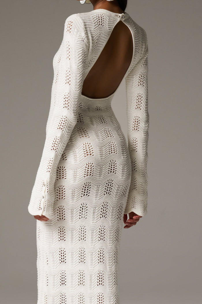 SCALLOP EDGE KNITTED MAXI DRESS - OFF WHITE