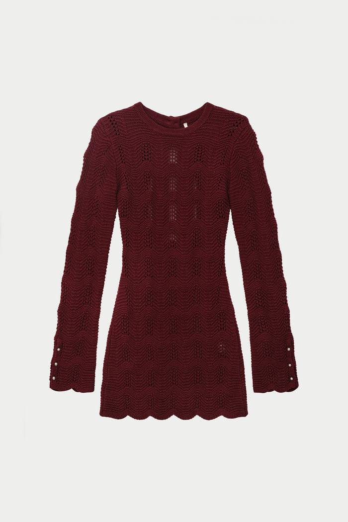 SCALLOP EDGE KNITTED MINI DRESS - BURGUNDY