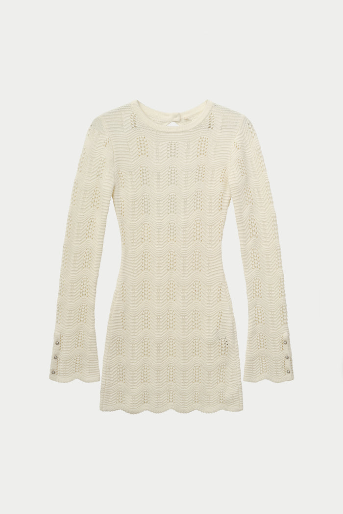 SCALLOP EDGE KNITTED MINI DRESS - OFF WHITE