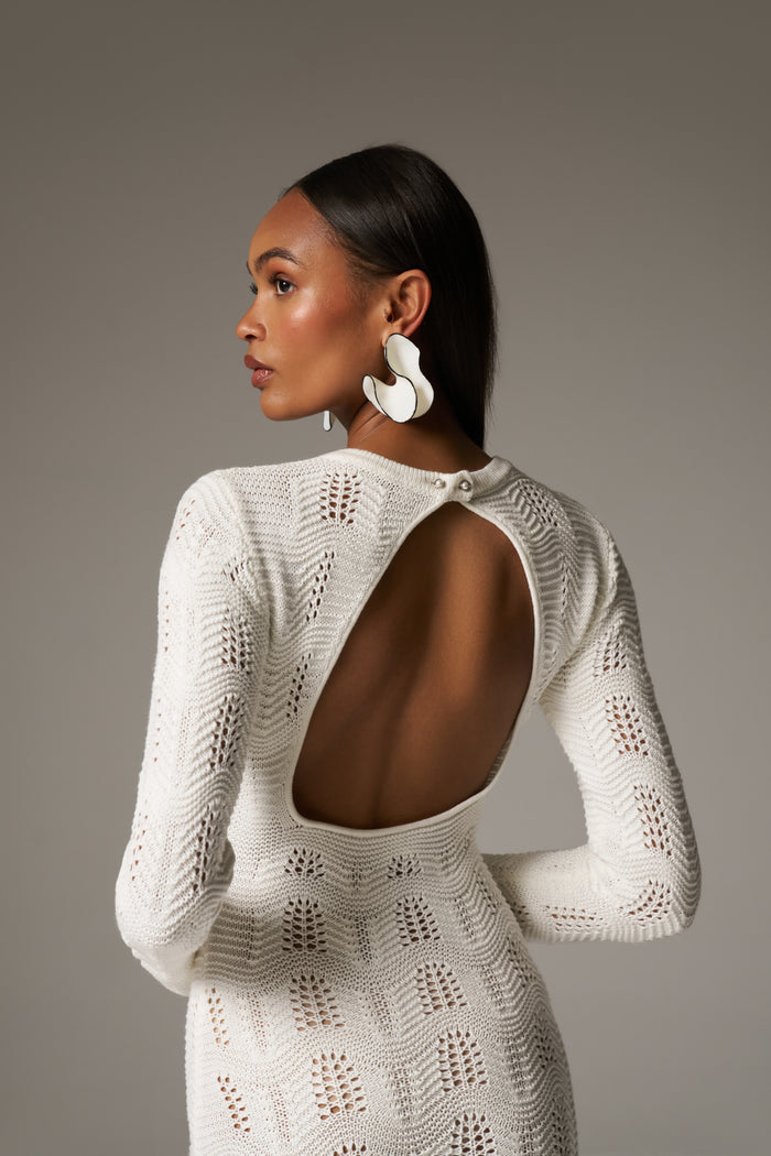 SCALLOP EDGE KNITTED MINI DRESS - OFF WHITE