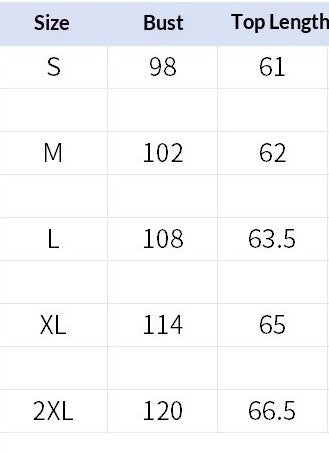 Table showing size chart for bust and top length measurements.
