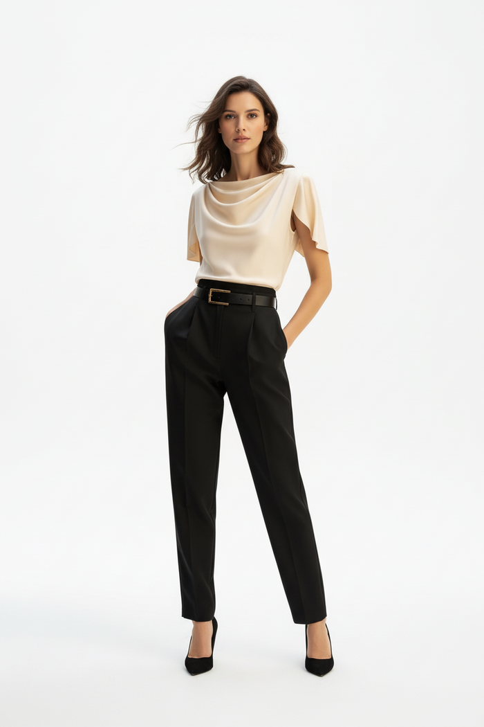 Flat-lay of black and apricot scoop neck puff sleeve tops on neutral background, solid color options