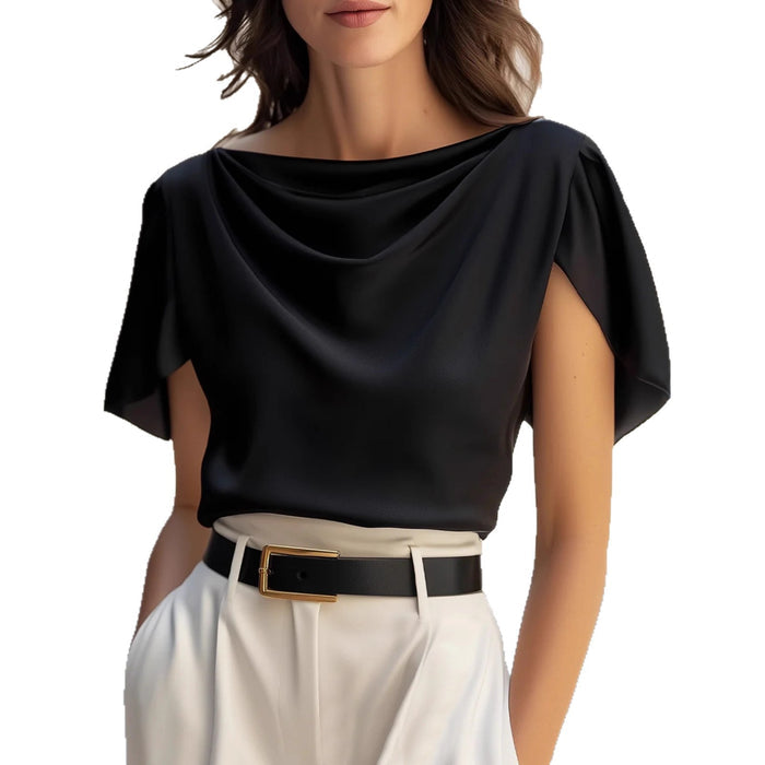 Close-up of resin color-fixed solid-color polyester fabric texture on black women's casual blouse