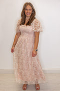 Women's dusty pink floral midi dress with sequins and gold metallic details by In February