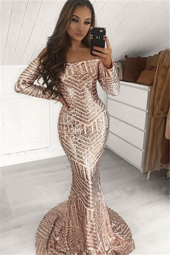 Sequin Prom Dress 2023 Off the Shoulder with Long Sleeves