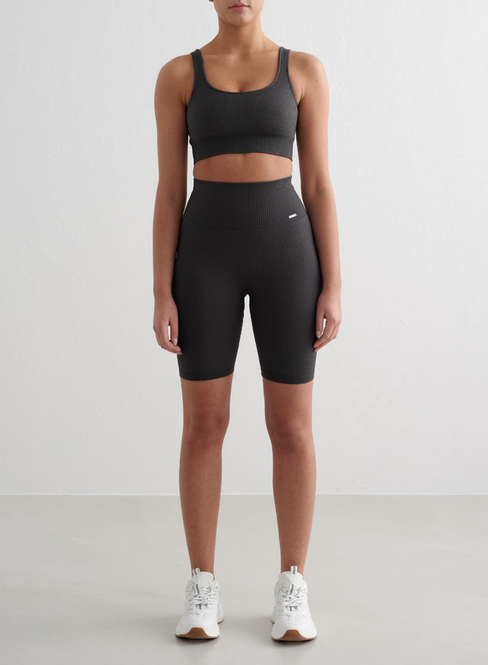 Shadow Grey Ribbed Seamless Biker Shorts & Bra Set
