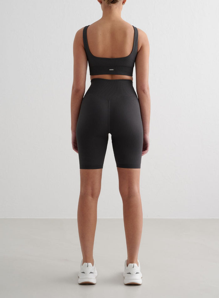 Shadow Grey Ribbed Seamless Biker Shorts & Bra Set