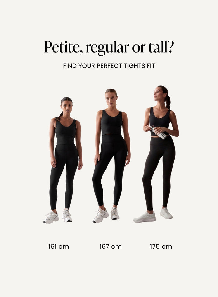 Kolme mallia vertailee mustia squat proof aim'n Sense Tights -trikoita petite-, regular- ja tall-pituuksissa. [petite-tall-CM]