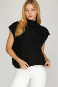 She + Sky Drop Shoulder Mock Neck Cable Sweater In Black