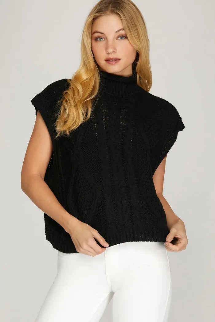 She + Sky Drop Shoulder Mock Neck Cable Sweater In Black