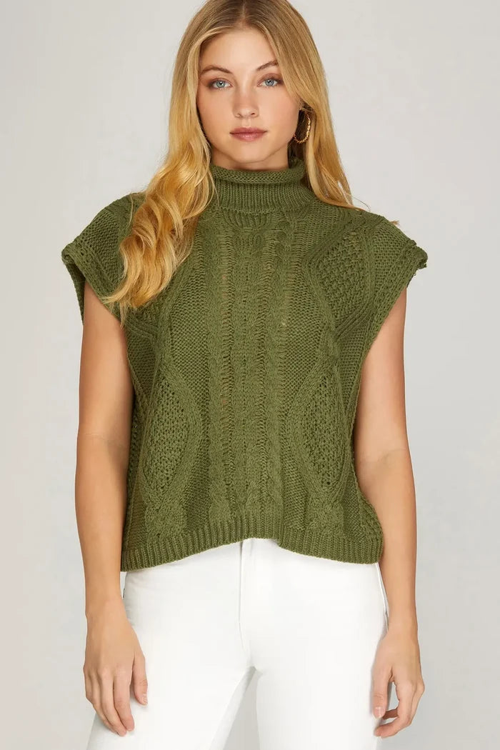 She + Sky Drop Shoulder Mock Neck Cable Sweater In Olive