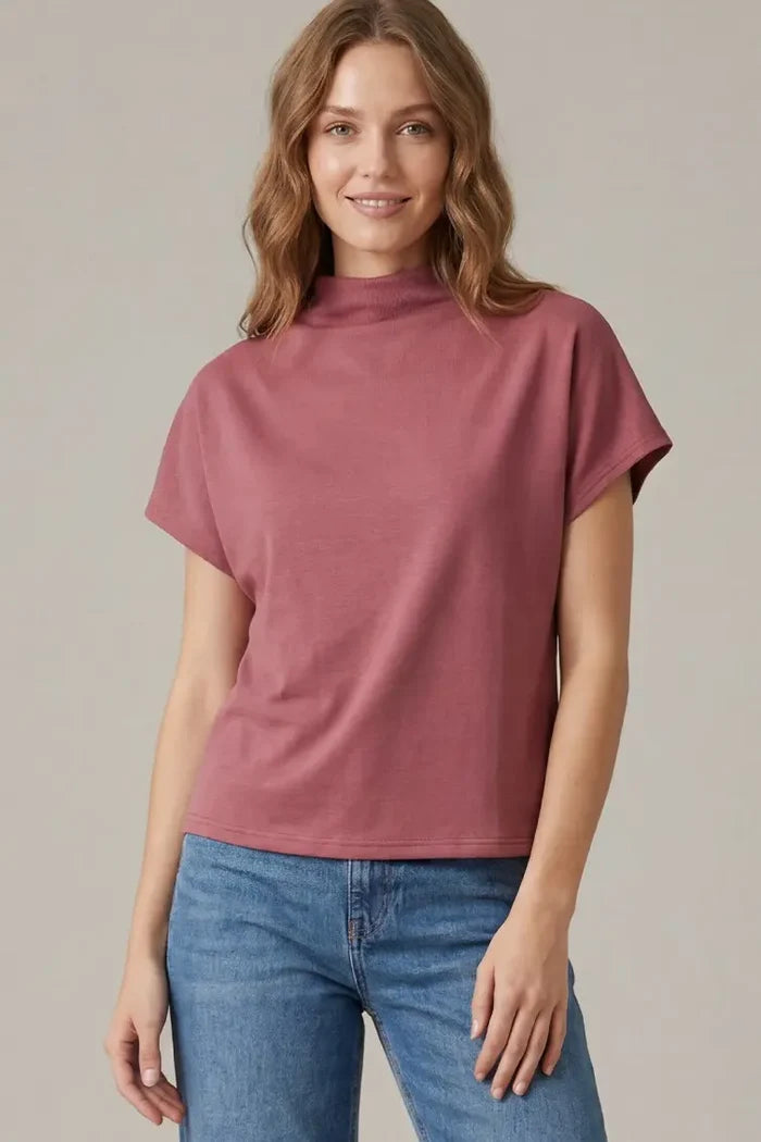 She + Sky Mock Neck Drop Shoulder Top In Mauve Pink