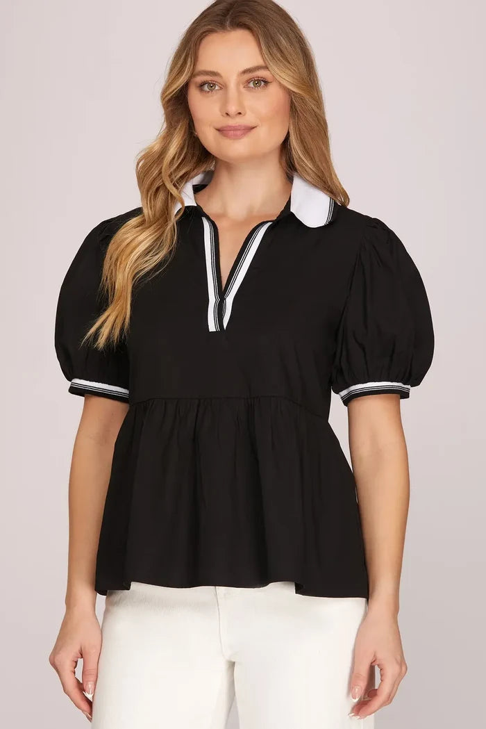 She + Sky Short Sleeve Rib Band Collar Top In Black *FINAL SALE*