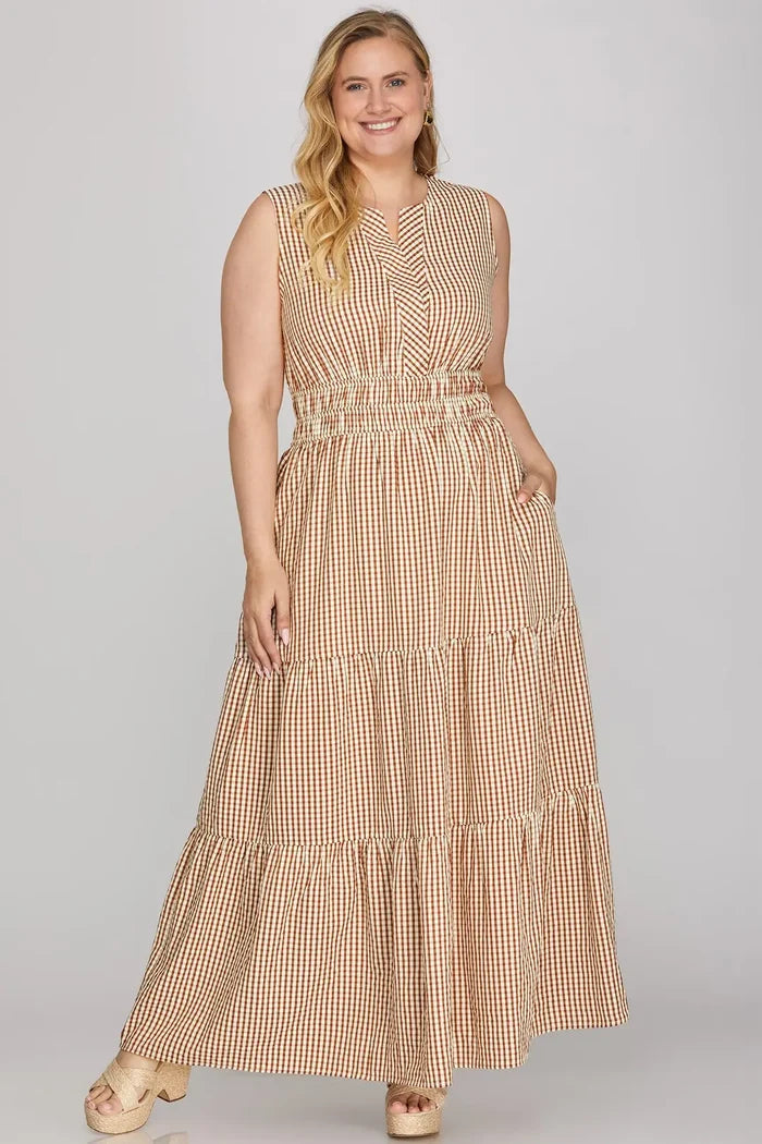 She + Sky Sleeveless Gingham Tiered Maxi Dress In Brown PLUS Sizes
