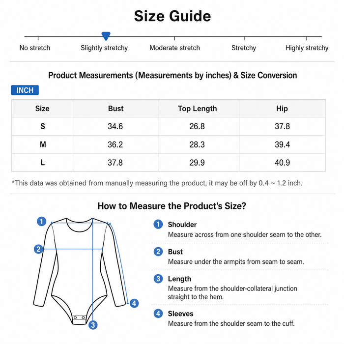 Size guide for a product with measurements in inches, including bust, top length, and hip dimensions.