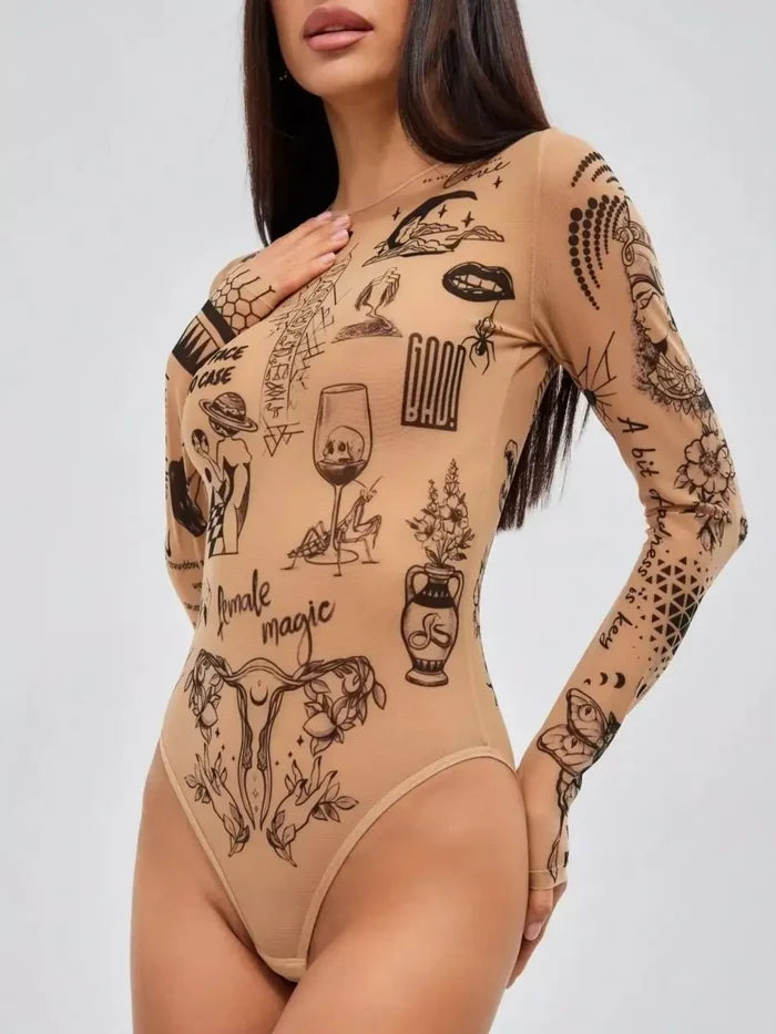 Women’s tattoo print bodysuit with close fit, light stretch and statement mesh design