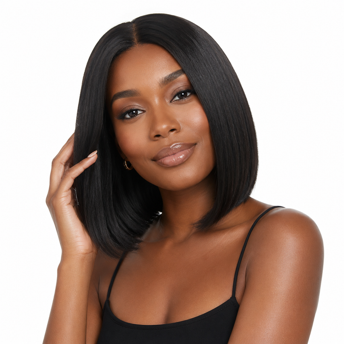 Short straight bob wig with center part for a sleek natural everyday hairstyle for women
