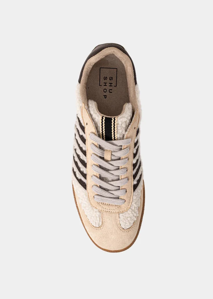 shu shop shearling chocolate brown beige stripe sneakers vertical