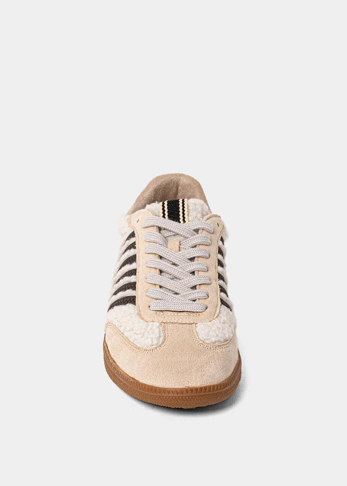 shu shop shearling chocolate brown beige stripe sneakers upclose