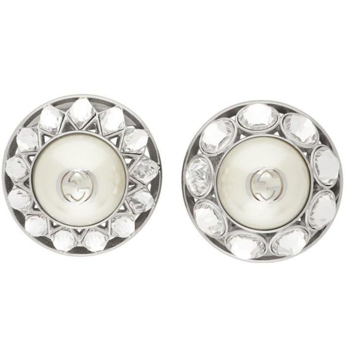 Gucci Silver Crystal & Pearl Interlocking G Earrings - Runway Catalog