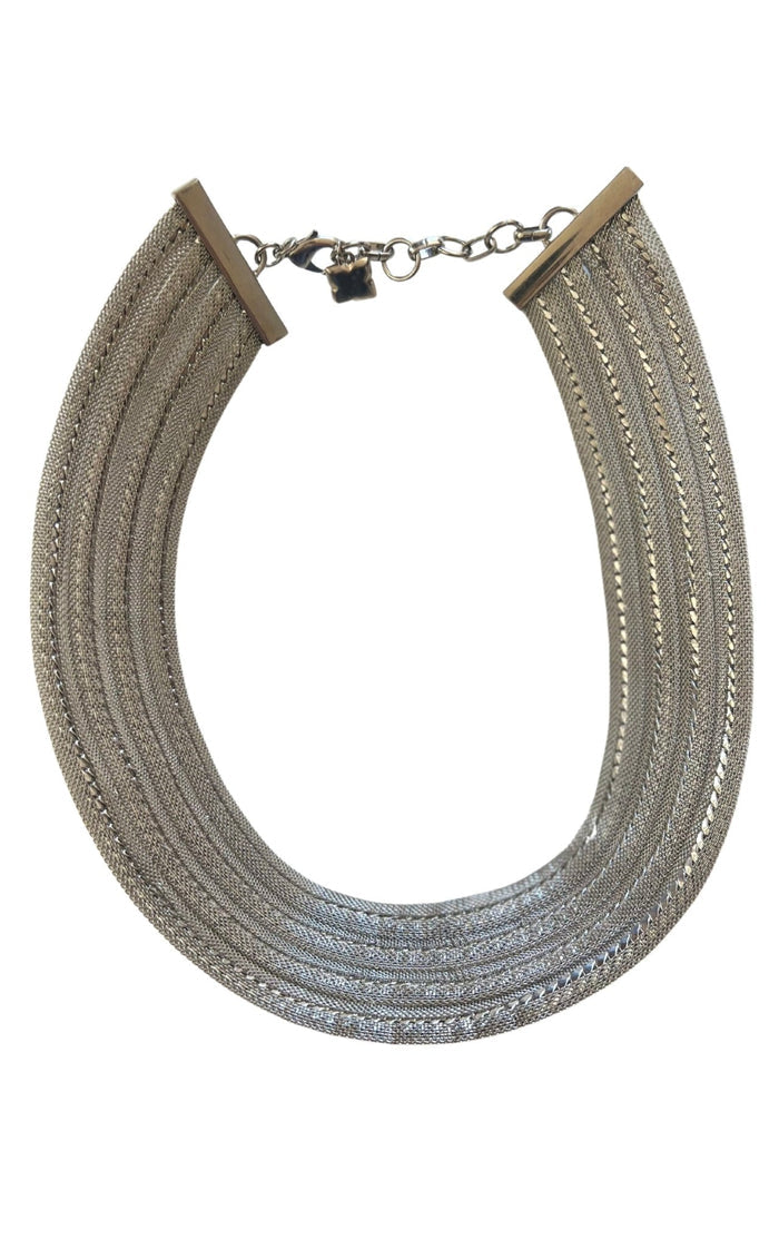 BCBGMAXAZRIA silver multi-strand mesh statement necklace with delicate bead accents